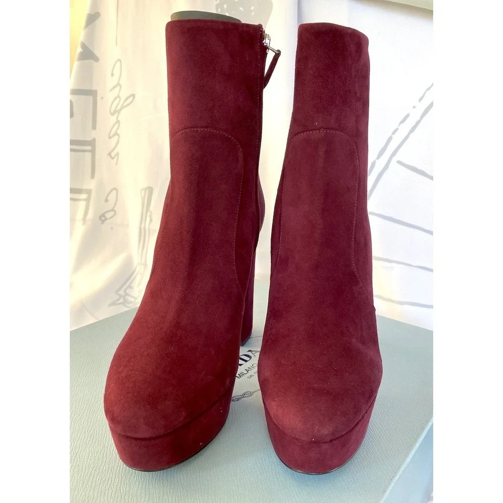 PRADA Milano 1TP221 Womens Burgundy Suede High heel‎ Ankle Boots Shoes, 35.5